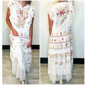 NWT Aratta Silent Journey White Embroidered Flower Chiffon Maxi Dress XS A-Line